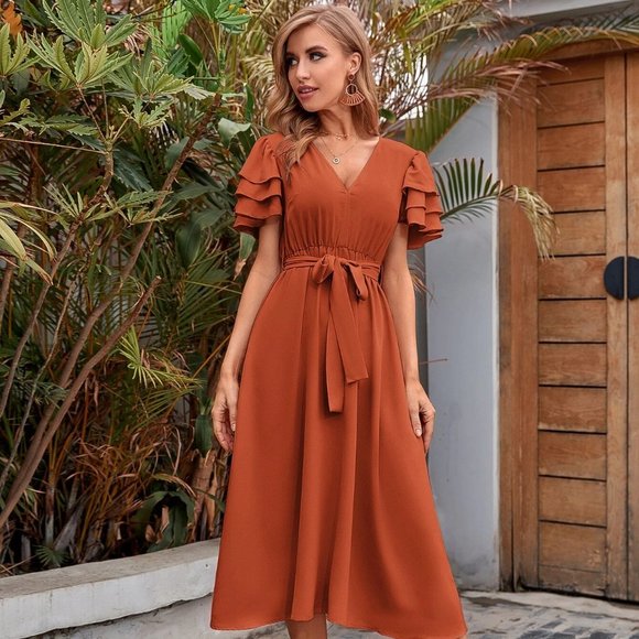 Boho layered V-neck sleeve belted midi dress burnt orange - Picture 2 of 6